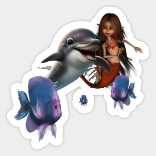Cute mermaid and funny dolphin Sticker